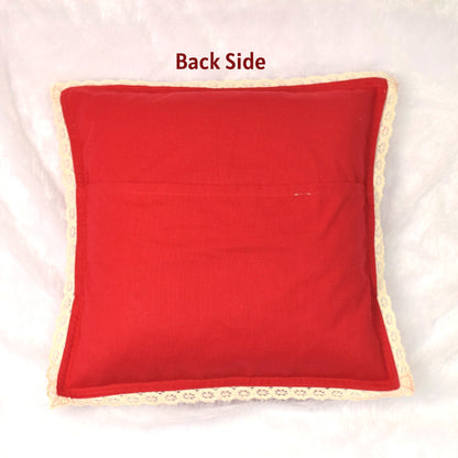Christmas Red Cushion Cover with Embroidered “Merry Christmas” Design with Lace Border- 1 CUSHION – 16x16