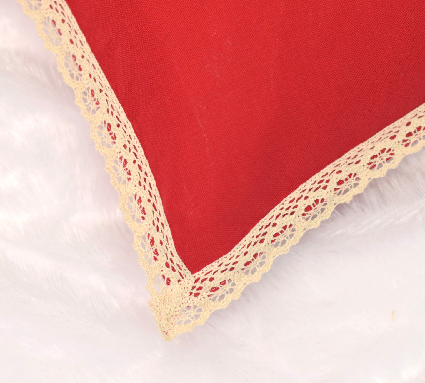 Christmas Red Cushion Cover with Embroidered “Merry Christmas” Design with Lace Border- 1 CUSHION – 16x16