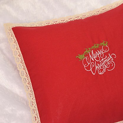 Christmas Red Cushion Cover with Embroidered “Merry Christmas” Design with Lace Border- 1 CUSHION – 16x16