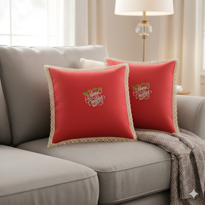 Christmas Red Cushion Cover with Embroidered “Merry Christmas” Design with Lace Border- 1 CUSHION – 16x16