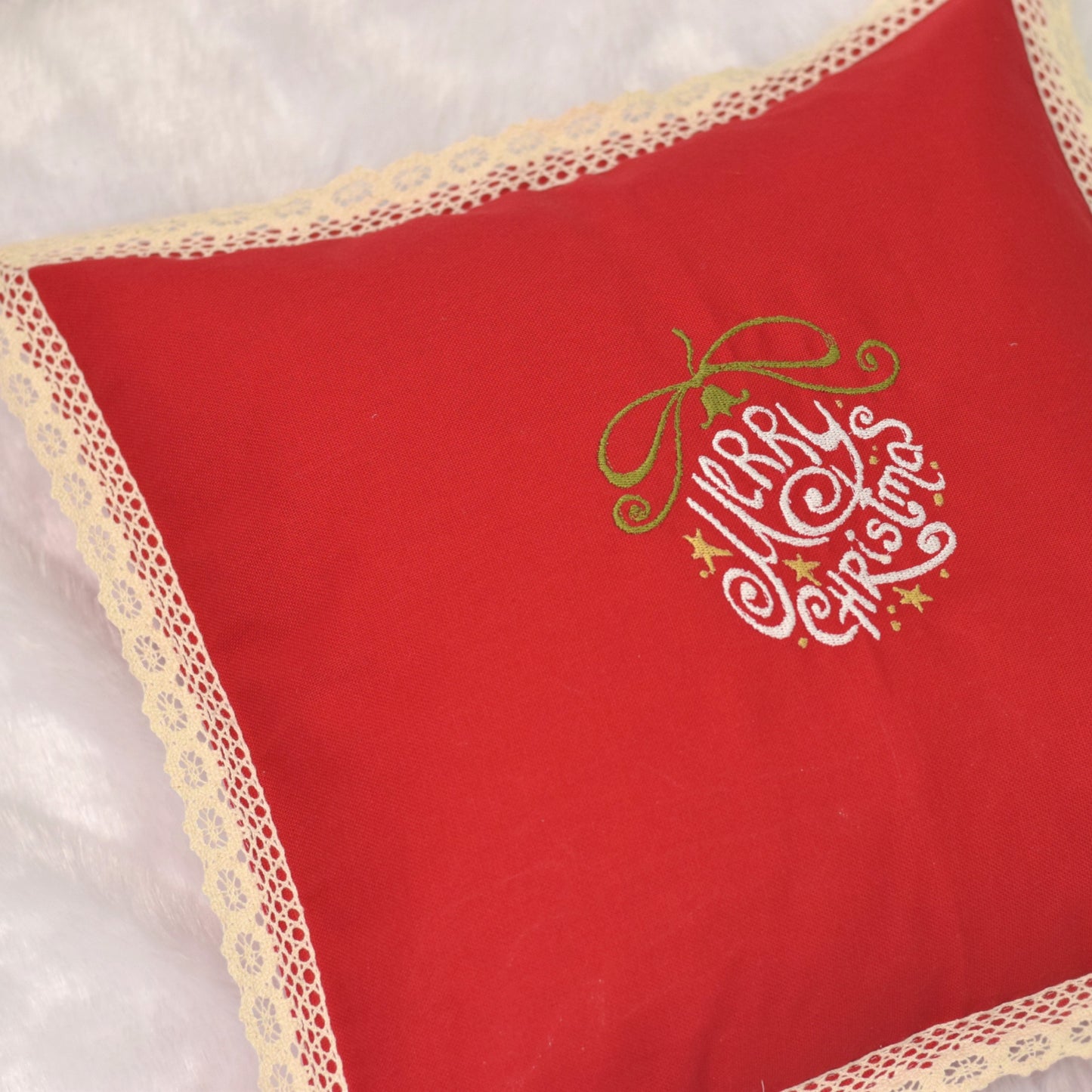 Christmas Red Cushion Cover Set of 2 (16x16 Inch) – Embroidered “Merry Christmas” Design with Lace Border