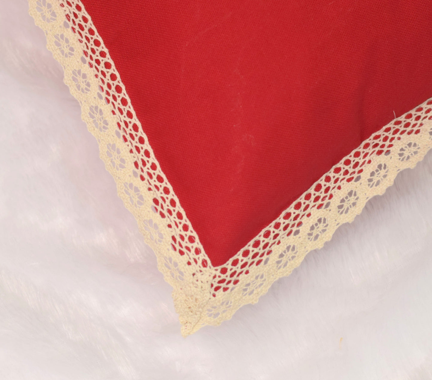 Christmas Red Cushion Cover Set of 2 (16x16 Inch) – Embroidered “Merry Christmas” Design with Lace Border