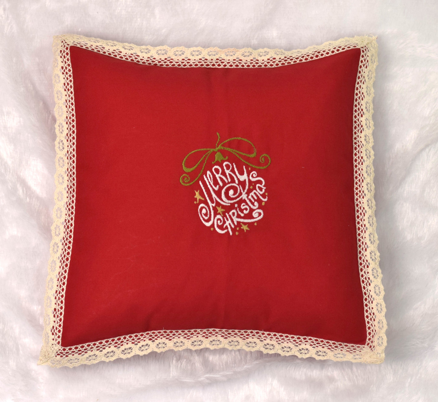 Christmas Red Cushion Cover Set of 2 (16x16 Inch) – Embroidered “Merry Christmas” Design with Lace Border