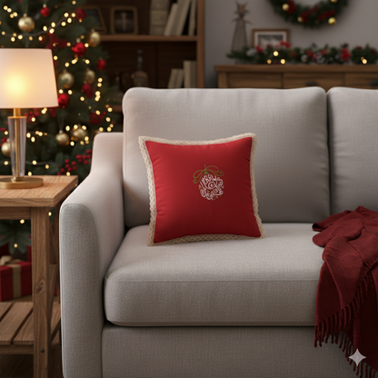 Christmas Red Cushion Cover Set of 2 (16x16 Inch) – Embroidered “Merry Christmas” Design with Lace Border