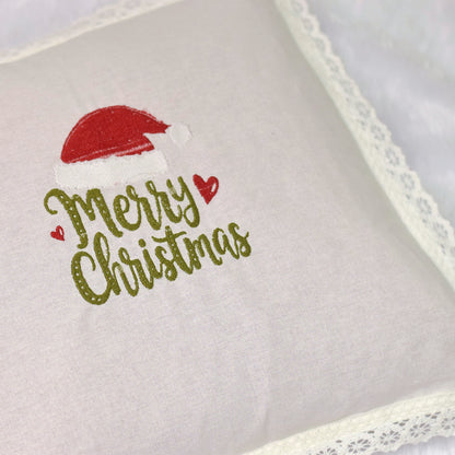 Christmas Embroidered Cushion Covers – 16x16 Inch (Set of 2) | Lace Border Festive Decor