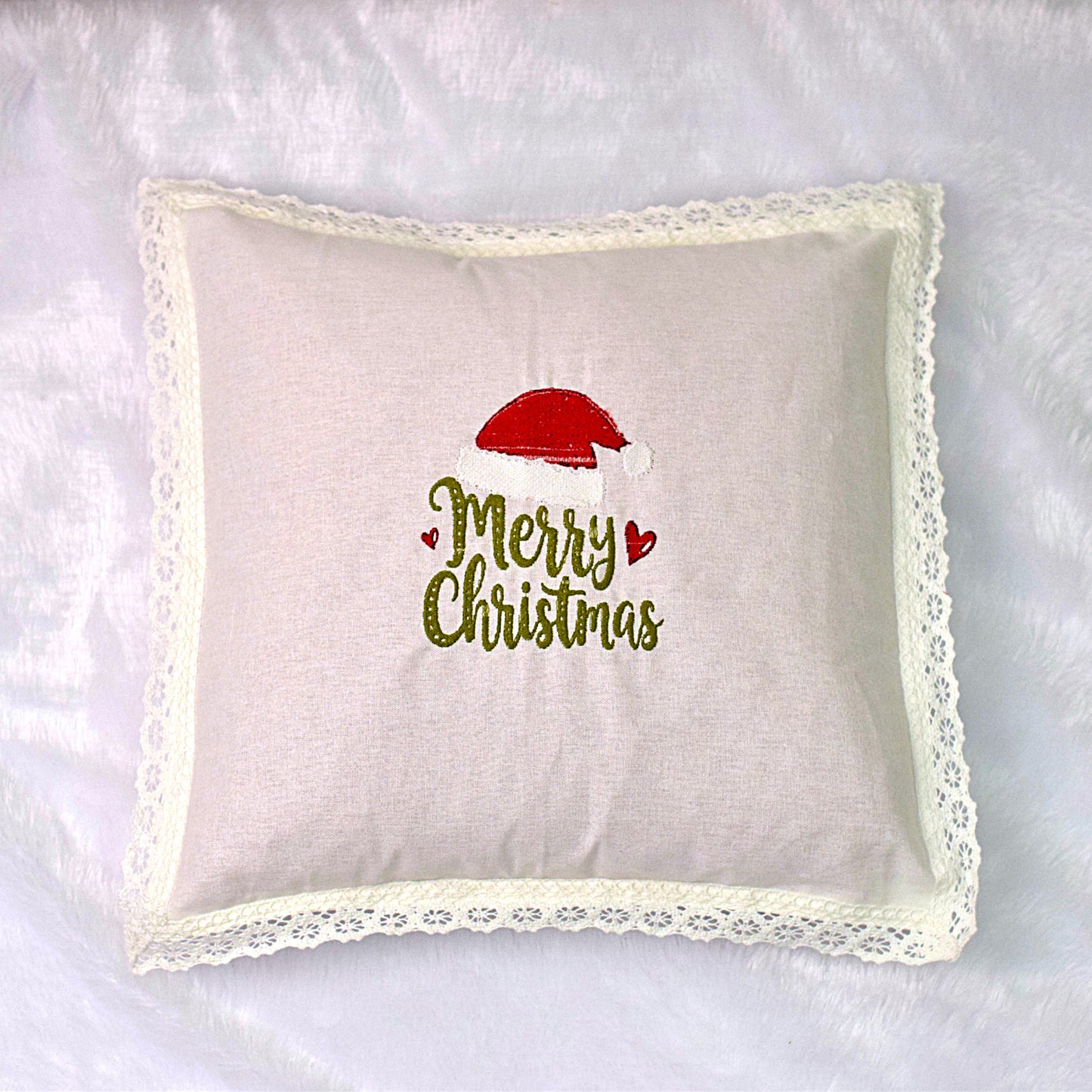 Christmas Embroidered Cushion Covers – 16x16 Inch (Set of 2) | Lace Border Festive Decor