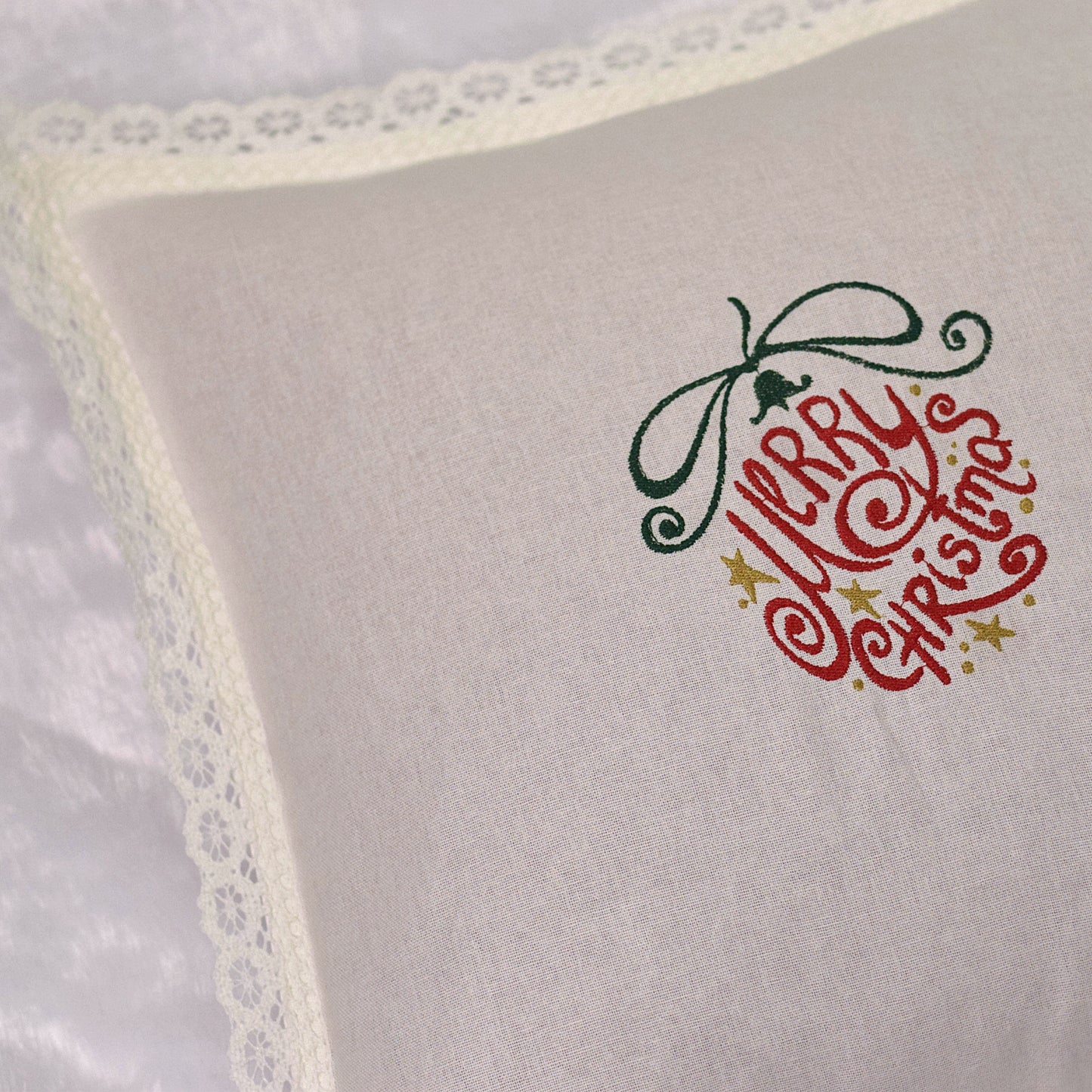Handmade Christmas Cushion Covers (Set of 2) | 16x16 Inch Embroidered Merry Christmas Design with Lace Border
