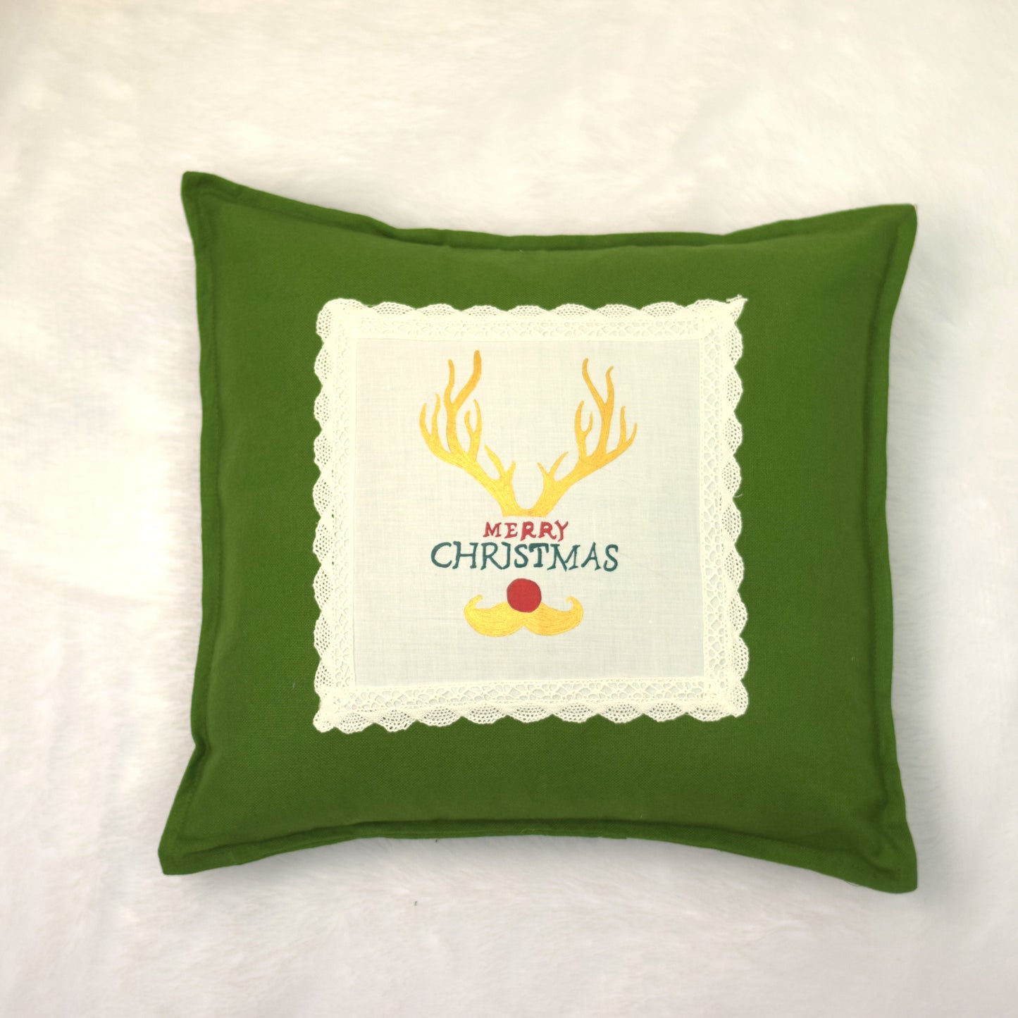 Christmas Reindeer Embroidered Cushion Cover – Green (16x16 Inch)