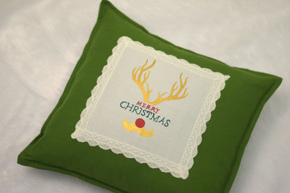 Christmas Reindeer Embroidered Cushion Cover – Green (16x16 Inch)