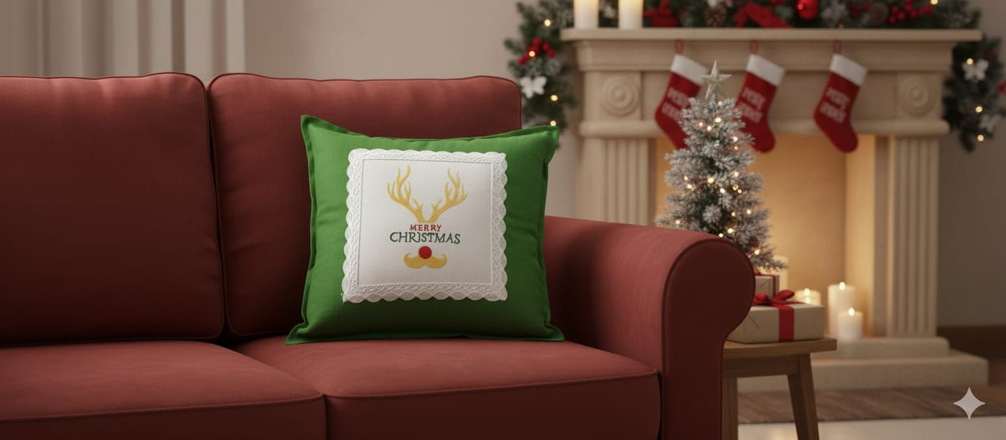 Christmas Reindeer Embroidered Cushion Cover – Green (16x16 Inch)