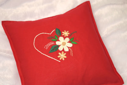 Red Embroidered Heart & Floral Cushion Cover – 16x16 Inch
