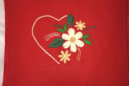 Red Embroidered Heart & Floral Cushion Cover – 16x16 Inch