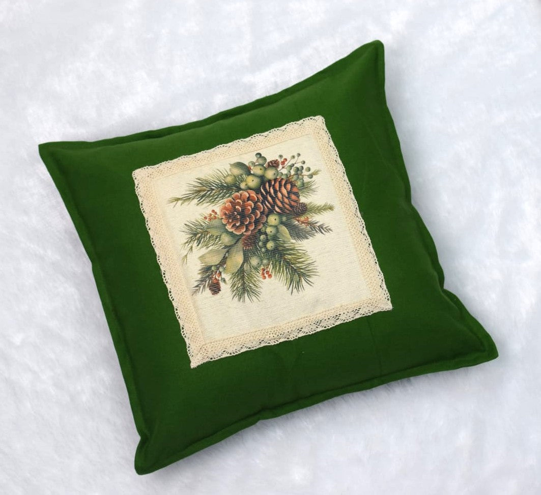Festive Pinecone Cushion Cover – 16x16 Inch Green Cotton Pillow Cover with Lace Border