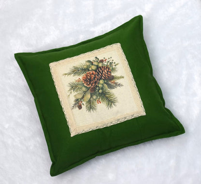 Festive Pinecone Cushion Cover – 16x16 Inch Green Cotton Pillow Cover with Lace Border