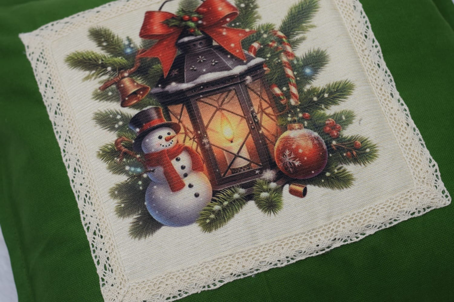 Festive Snowman Christmas Cushion Cover – Green 16x16 Inch