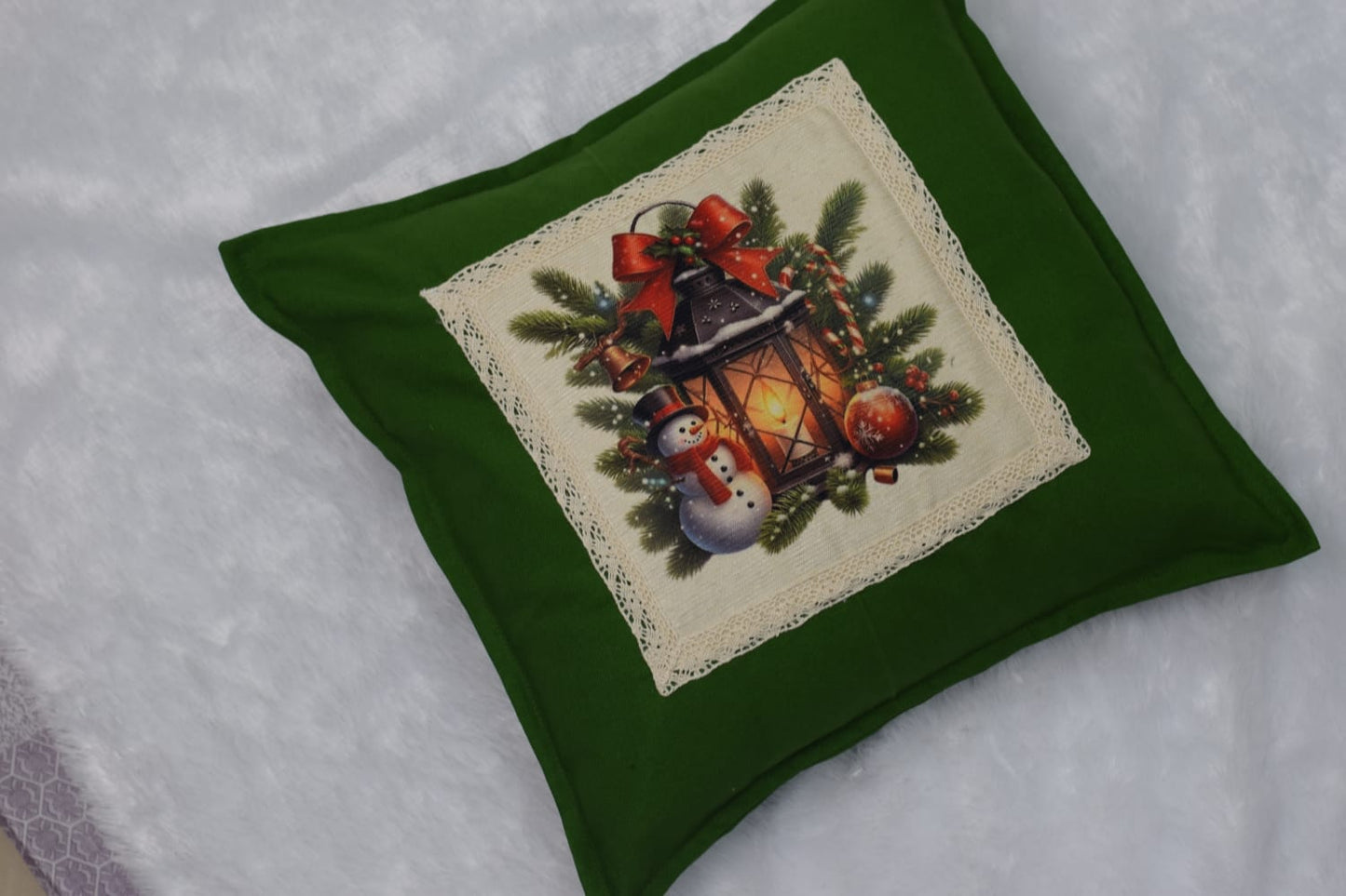 Festive Snowman Christmas Cushion Cover – Green 16x16 Inch