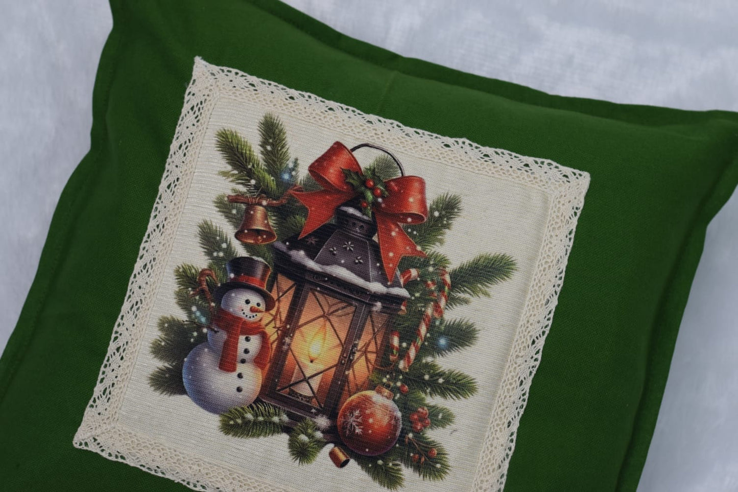 Festive Snowman Christmas Cushion Cover – Green 16x16 Inch