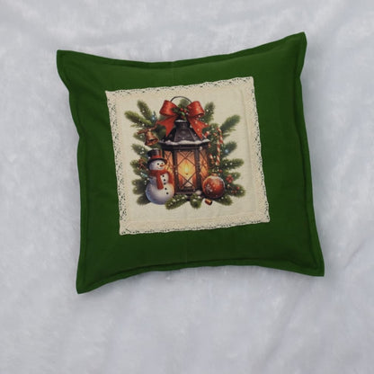 Festive Snowman Christmas Cushion Cover – Green 16x16 Inch