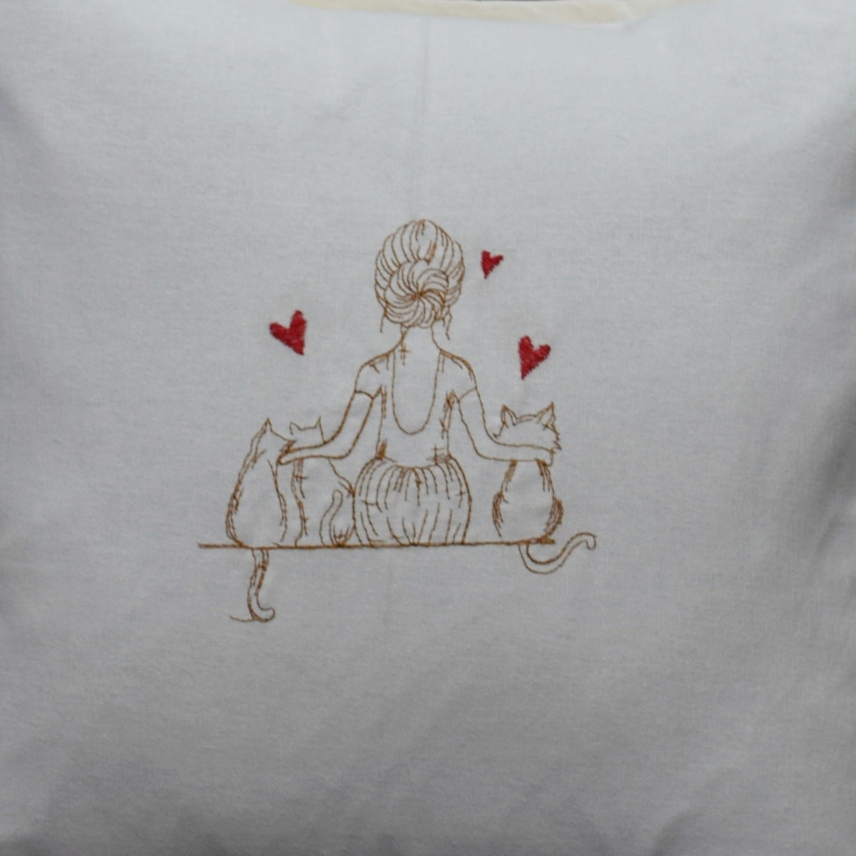 Set of 5 Cute Cat & Girl Embroidered Cushion Covers – Soft Beige