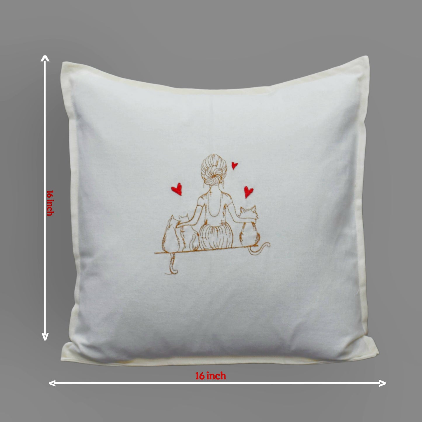 Set of 5 Cute Cat & Girl Embroidered Cushion Covers – Soft Beige