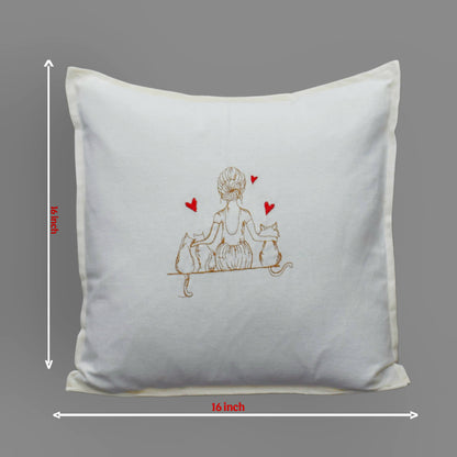 Set of 5 Cute Cat & Girl Embroidered Cushion Covers – Soft Beige