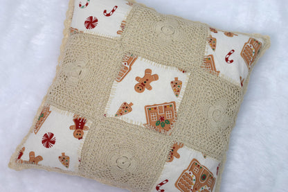 Handmade Crochet Patchwork Cushion Cover – Gingerbread Christmas Design-16x16 inch