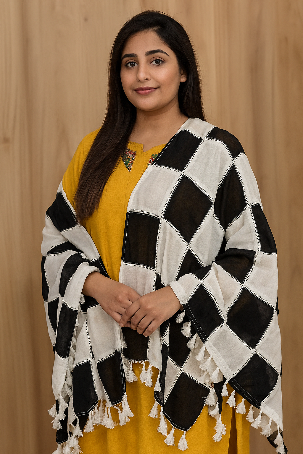 Handwoven Cotton Checkered Shawl with Tassels