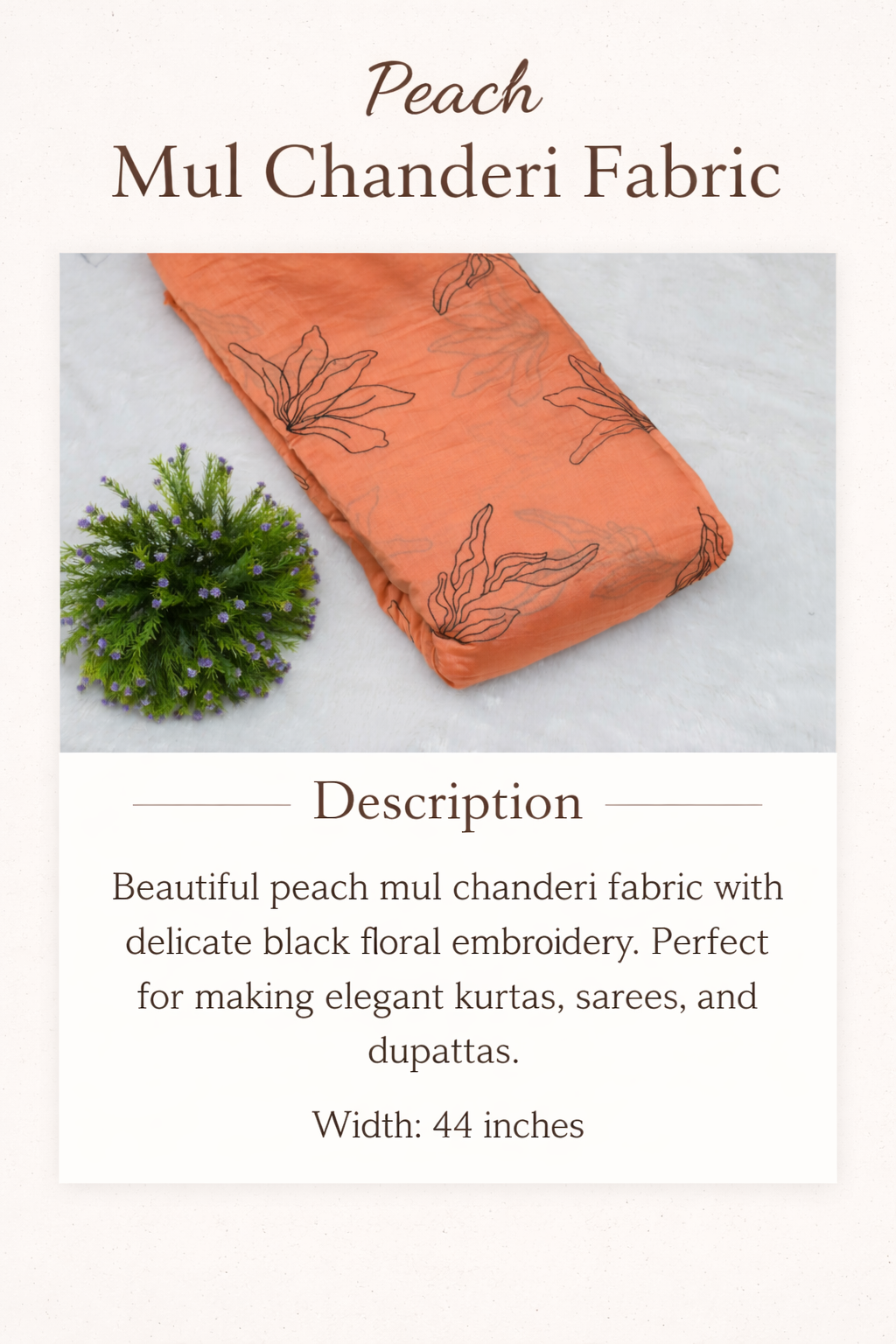 Peach Mul Chanderi Fabric – 44 Inch Width | Elegant Embroidered Dress Material
