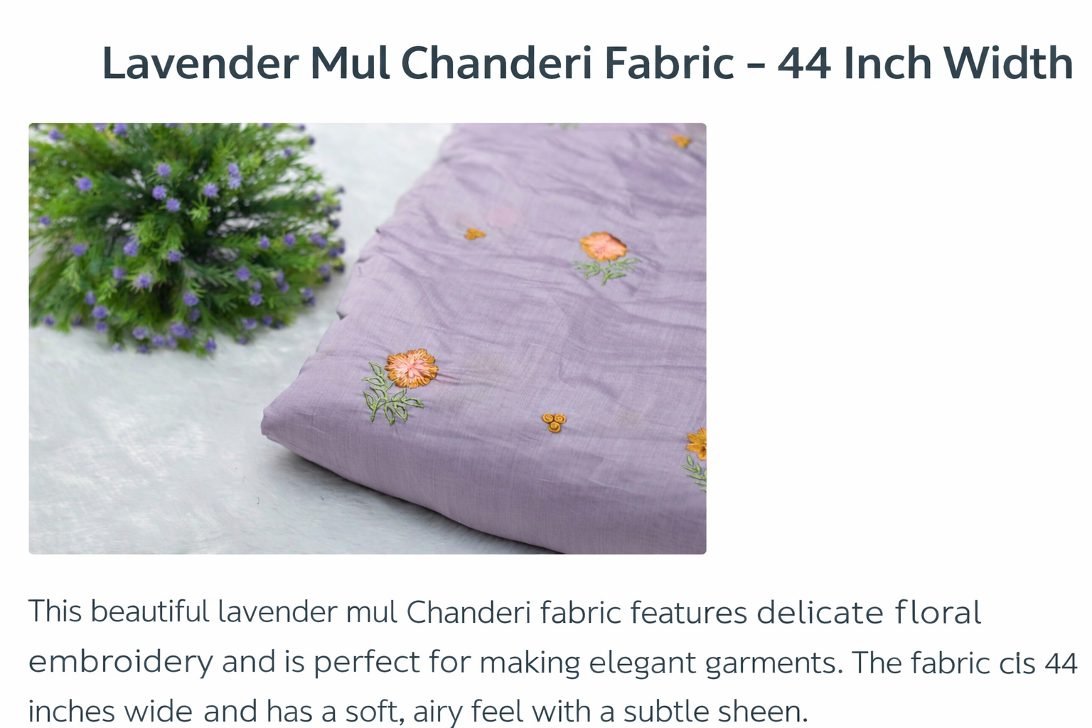 Lavender Mul Chanderi Fabric with Floral Embroidery – 44 Inch Width