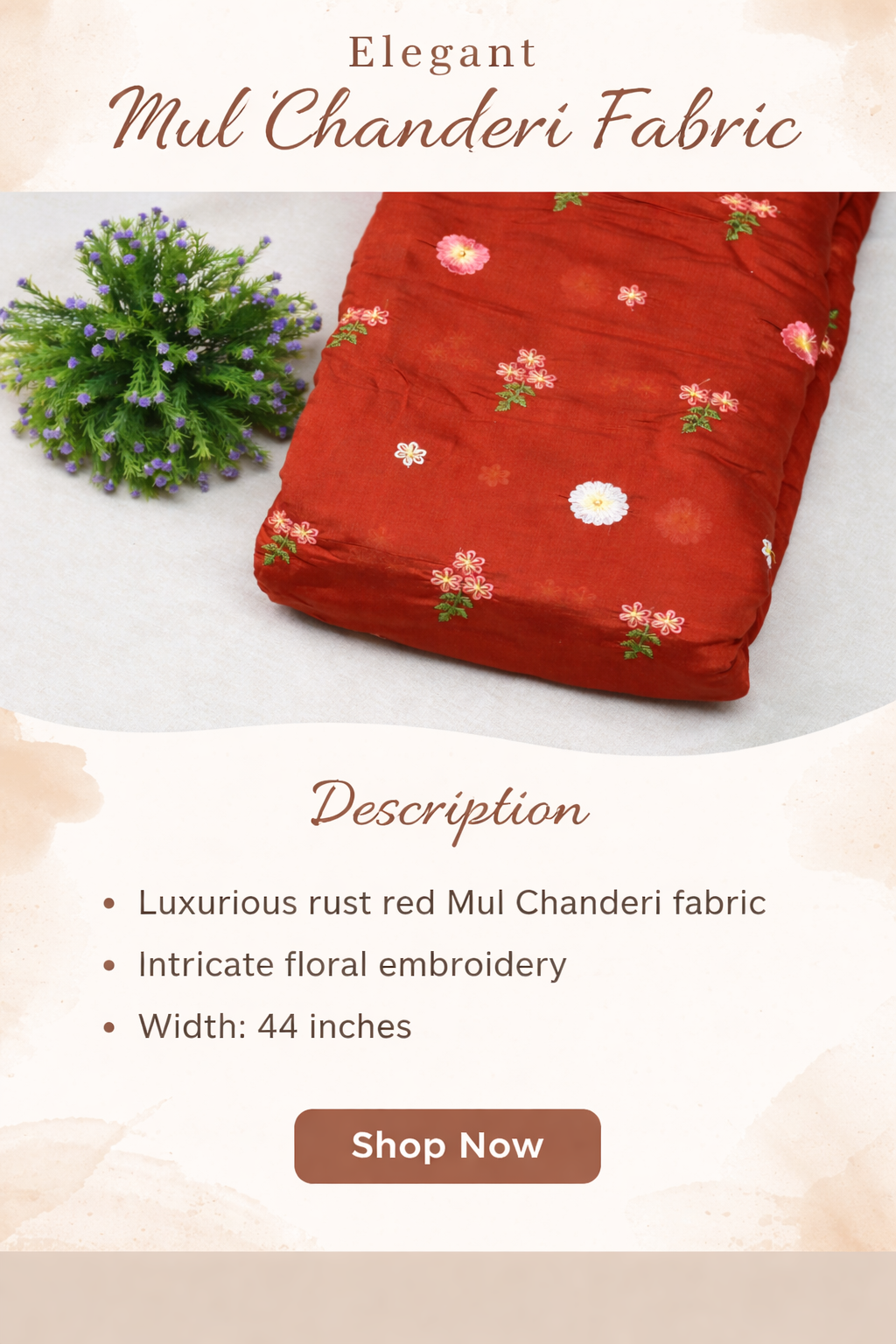Elegant Rust Mul Chanderi Fabric – 44 Inches Width with Floral Embroidery