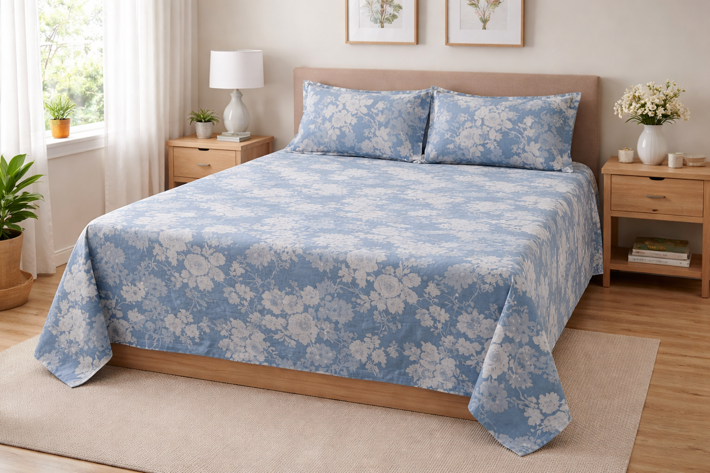 Elegant Blue Floral Cotton Bedsheet Set with 2 Pillow Covers