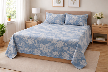 Elegant Blue Floral Cotton Bedsheet Set with 2 Pillow Covers