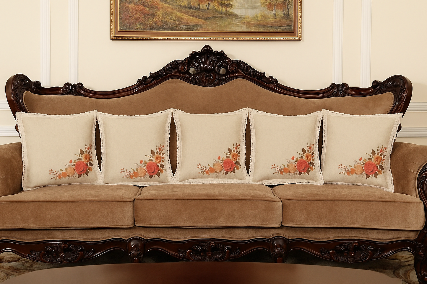 Set of 5 Floral Printed Cushion Covers – Synthetic linen Elegant Beige with Rose Motif