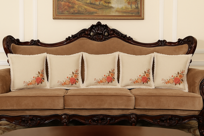Set of 5 Floral Printed Cushion Covers – Synthetic linen Elegant Beige with Rose Motif
