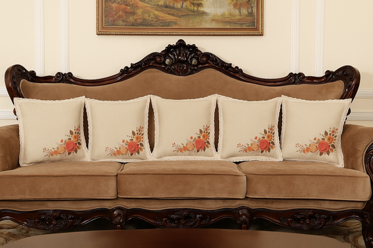 Set of 5 Floral Printed Cushion Covers – Synthetic linen Elegant Beige with Rose Motif