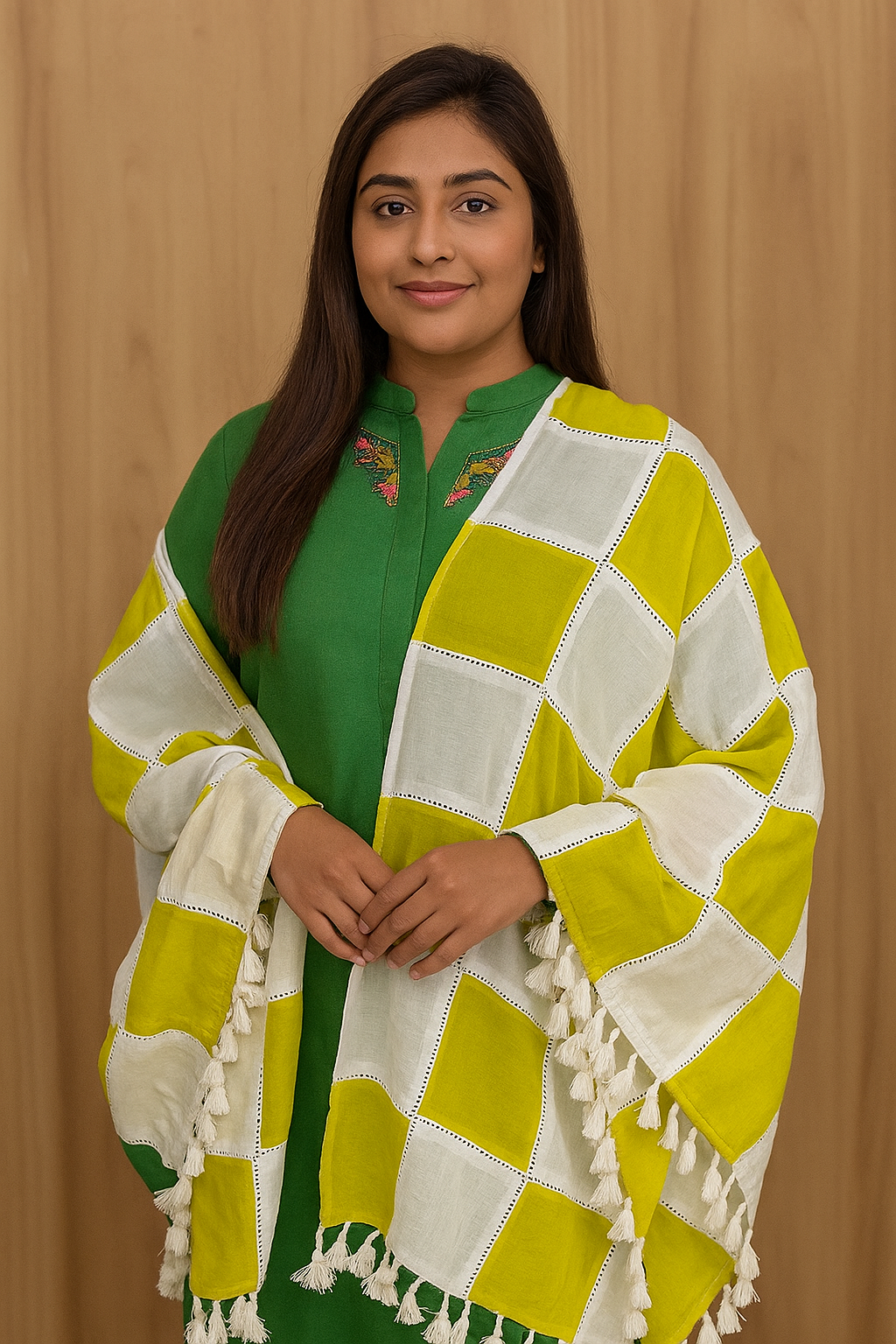 Handwoven Cotton Checkered Shawl with Tassels