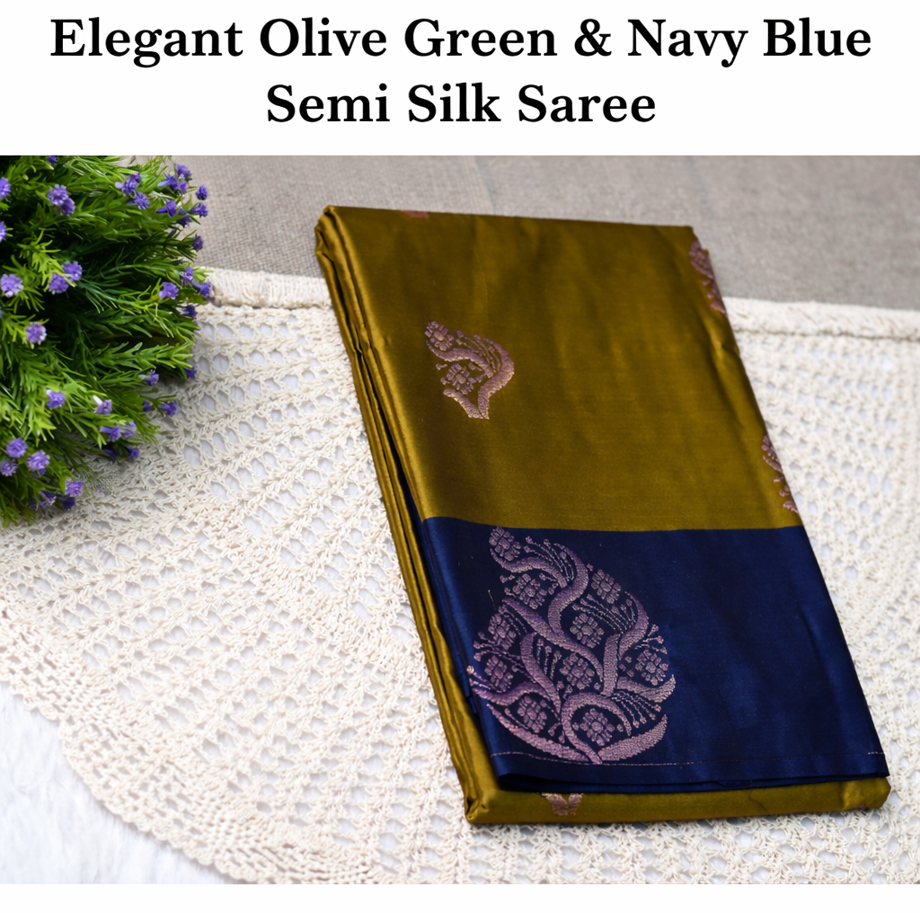 Mustard Olive & Navy Blue Semi Silk Saree with Woven Butta and Contrast Border