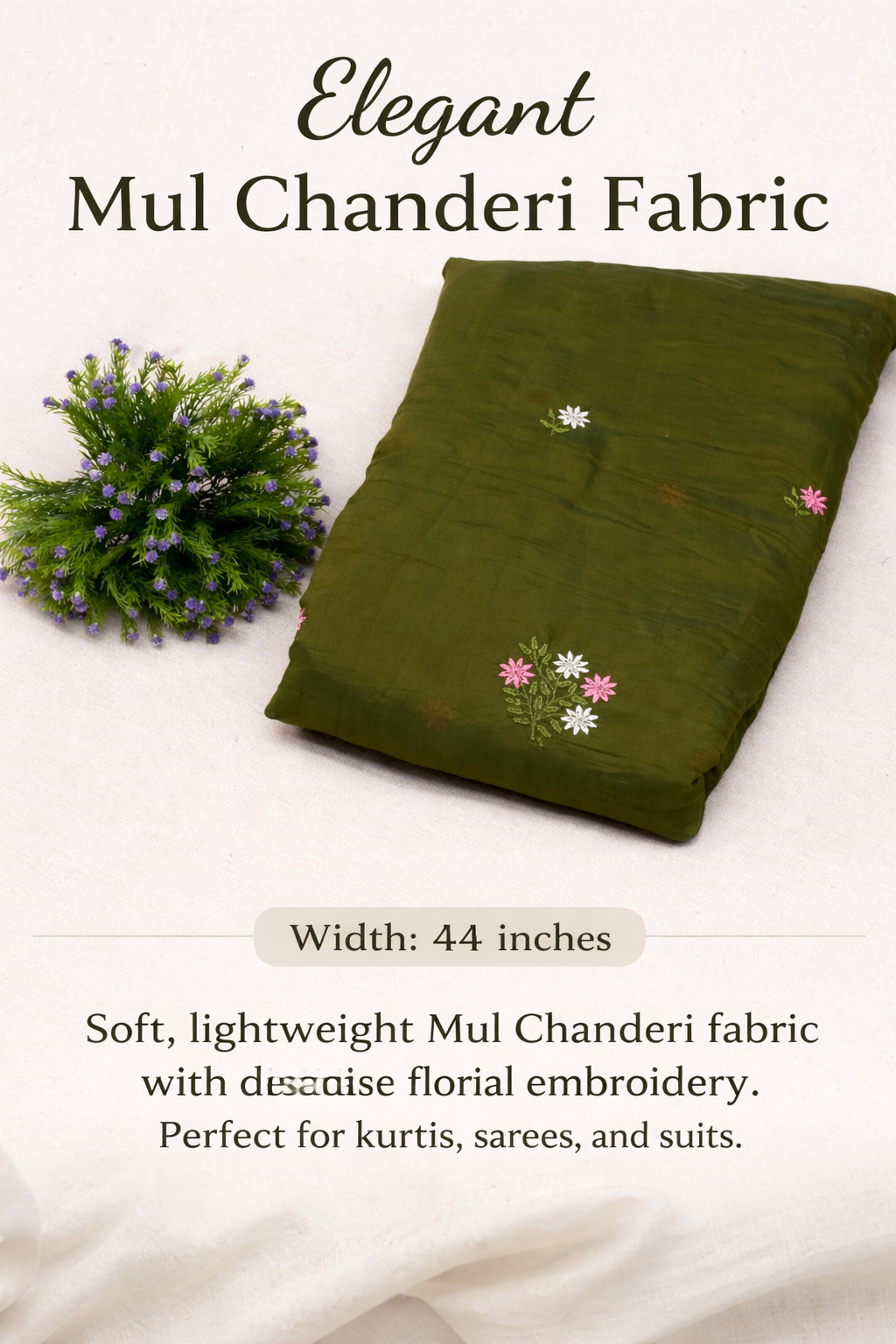Elegant Olive Green Mul Chanderi Fabric – 44 Inch Width with Floral Embroidery