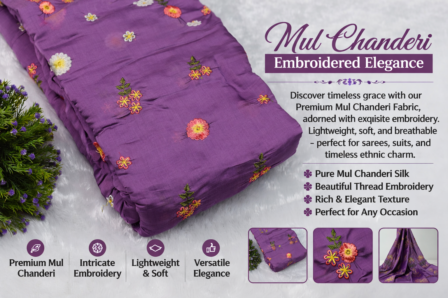 Purple Floral Embroidered Mul Chanderi Fabric – 44 Inches Width