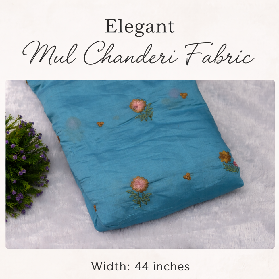 Sky Blue Floral Embroidered Mul Chanderi Fabric – 44 Inches Width