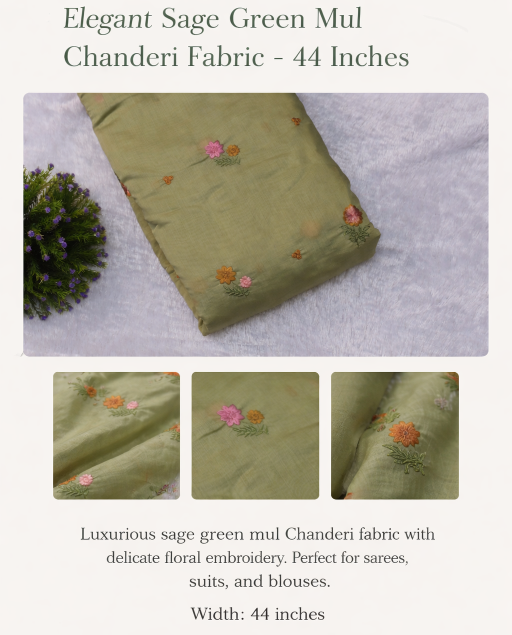 Olive Green Mul Chanderi Fabric with Floral Embroidery – 44 Inches Width