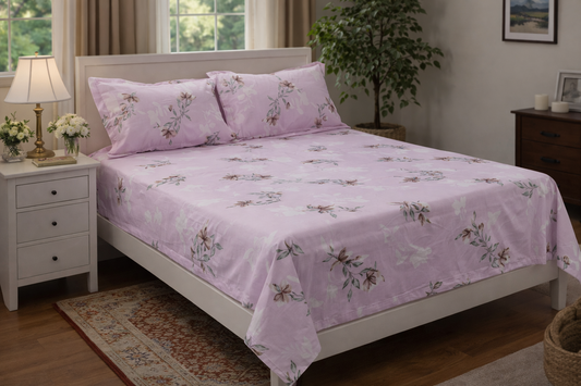 Pastel Pink Floral Queen Size Bedsheet Set with 2 Pillow Covers