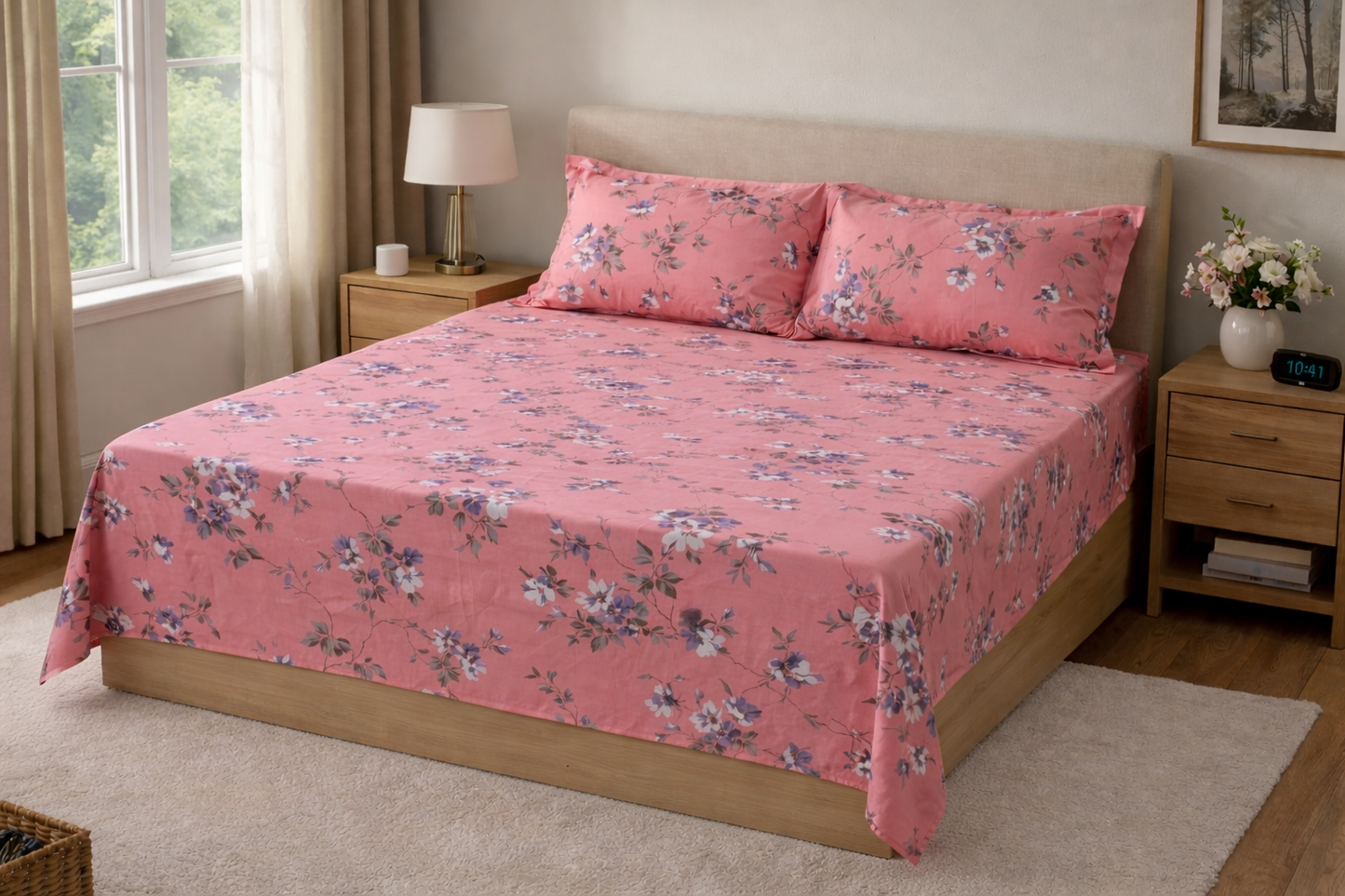 Floral Bliss Pink Queen Size Bedsheet with 2 Pillow Covers – Soft Cotton Printed Set