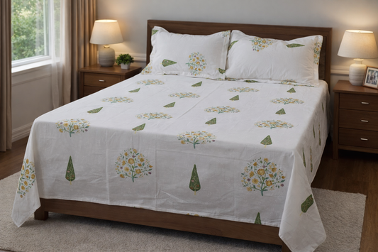 Elegant Garden Bloom Printed Queen Size Cotton Bedsheet with Pillow Covers