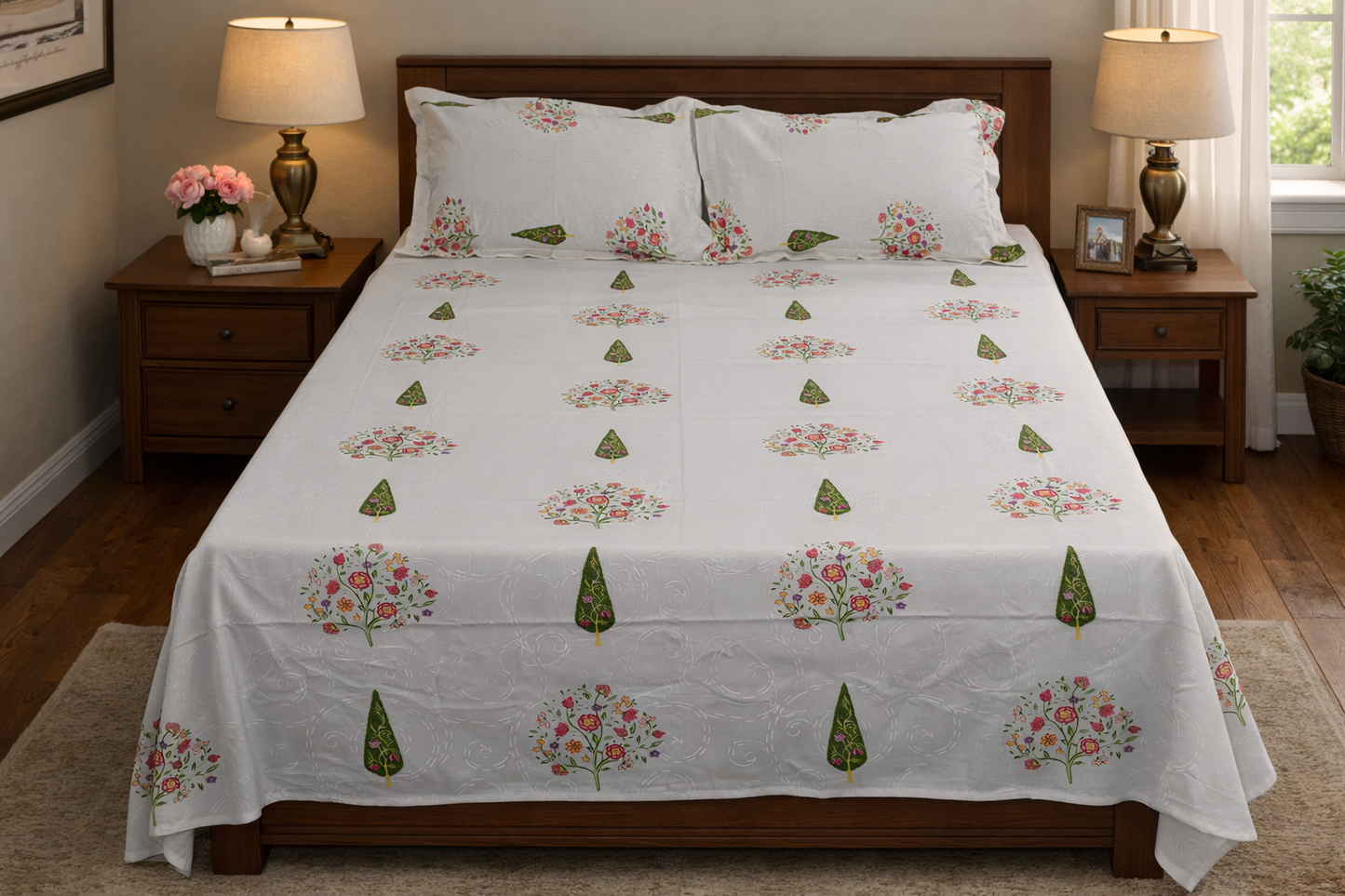 Elegant Floral Garden Print Queen Size Bedsheet Set (White Base with Green Tree Motifs)