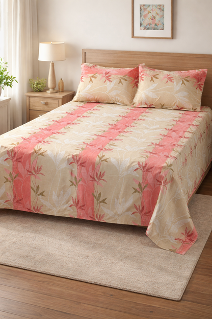 Elegant Floral King Size Bedsheet – Beige & Pink Leaf Print