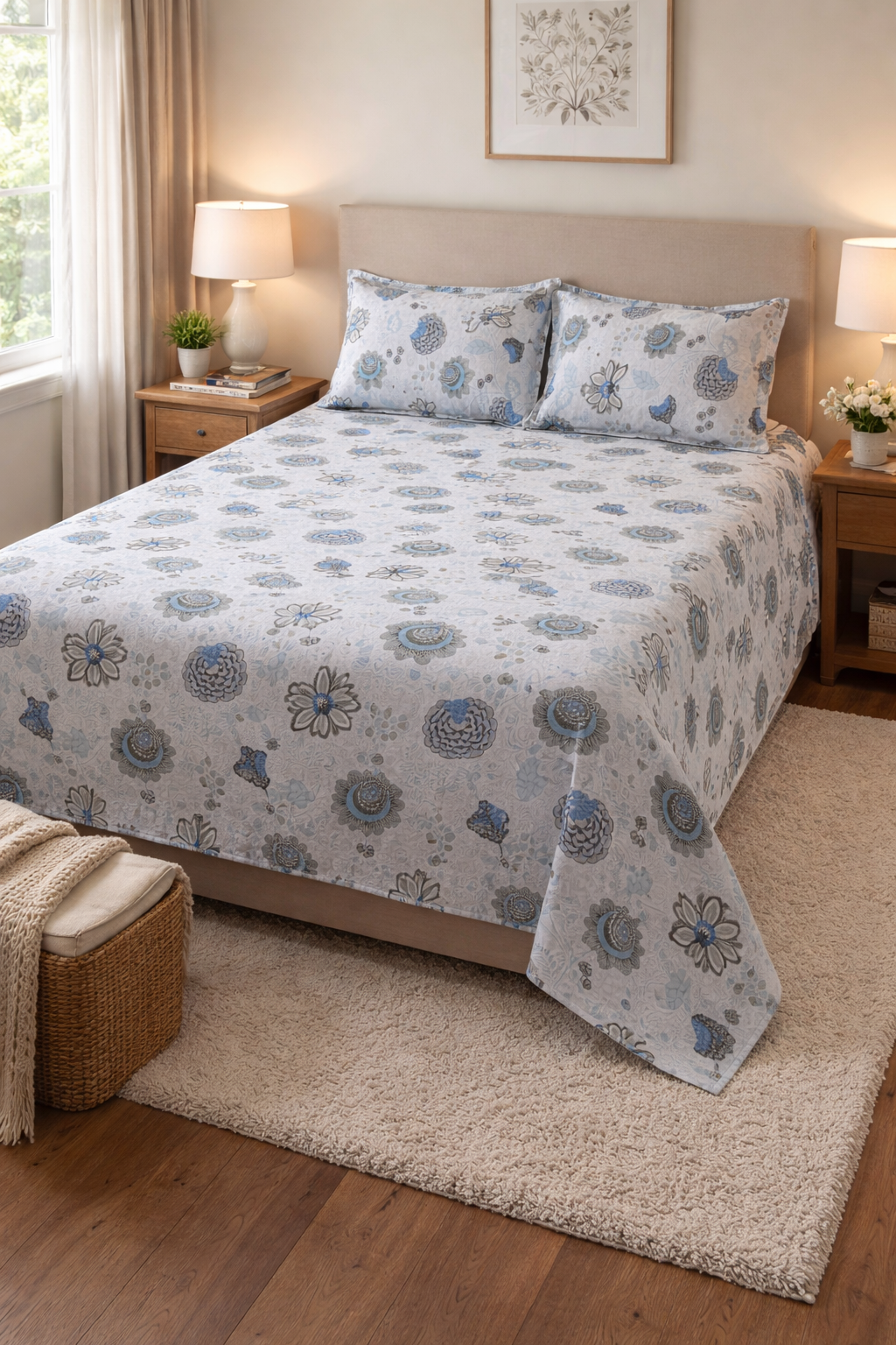 King Size Cotton Bedsheet with 2 Pillow Covers – Grey & Blue Floral Print