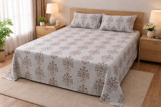Elegant Floral Printed King Size Cotton Bedsheet with Pillow Covers