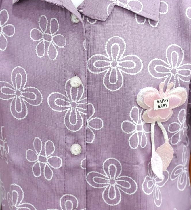 Girls Cotton Top with White Thread Work & Floral Design