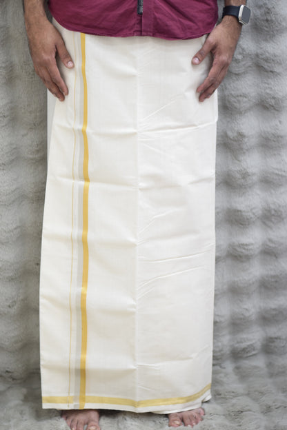 Men's Traditional White Cotton Dhoti with Gold Border – Elegant Ethnic Wear
